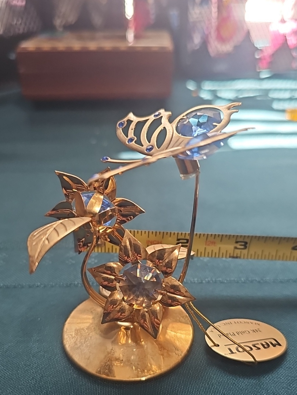 Mascot Austrian Crystal Butterfly Flowers 24K Gold Plate 4.5" Crystal